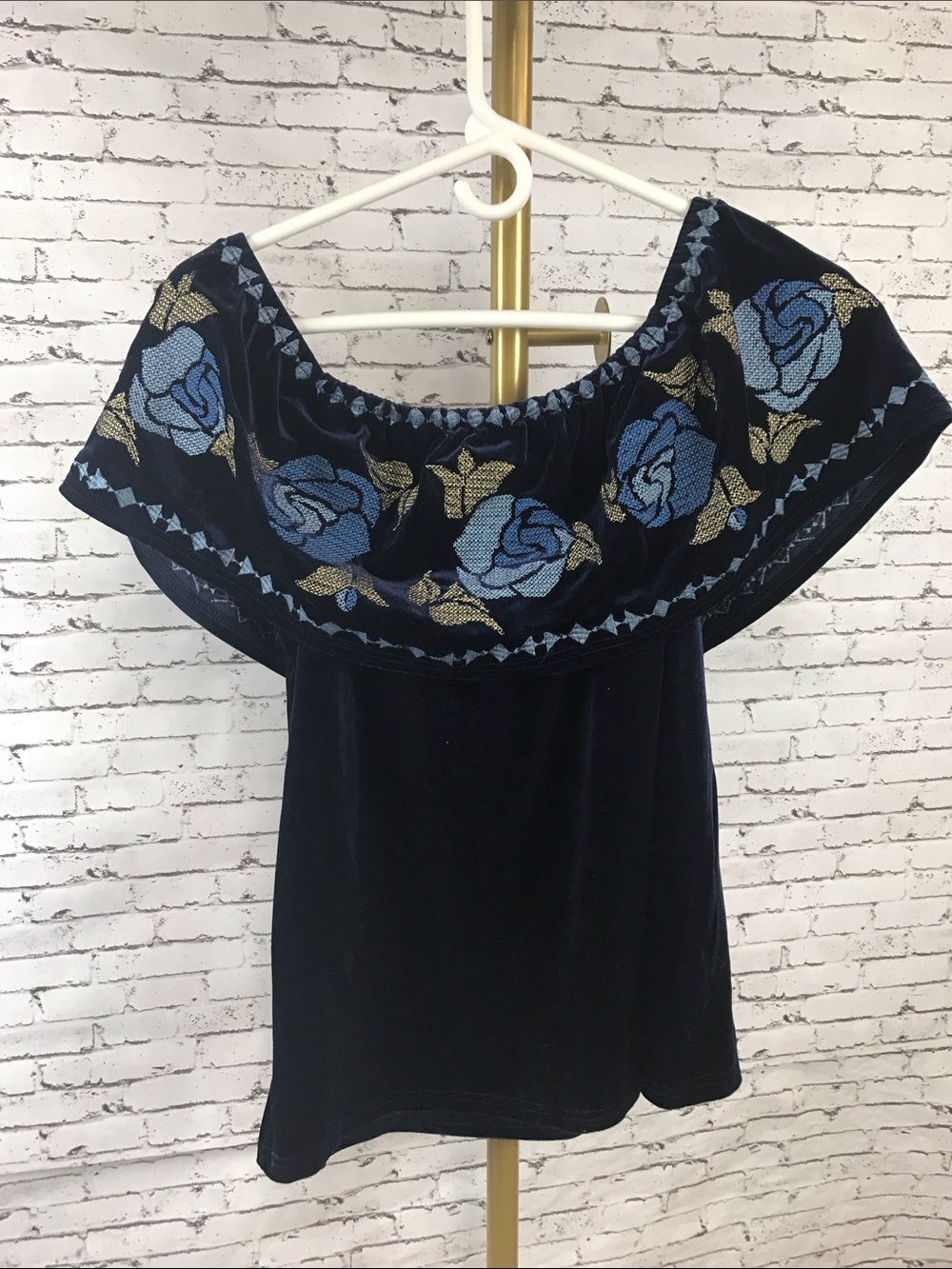 Francesca's | Navy Velvet Off-Shoulder top with Blue & Gold Floral Embroidery, S - Picture 2 of 4
